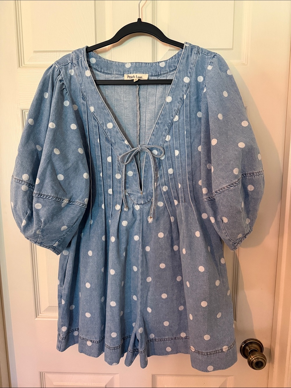 Peach Love California Light Blue Polka Dot Denim Romper - Picture 3 of 6